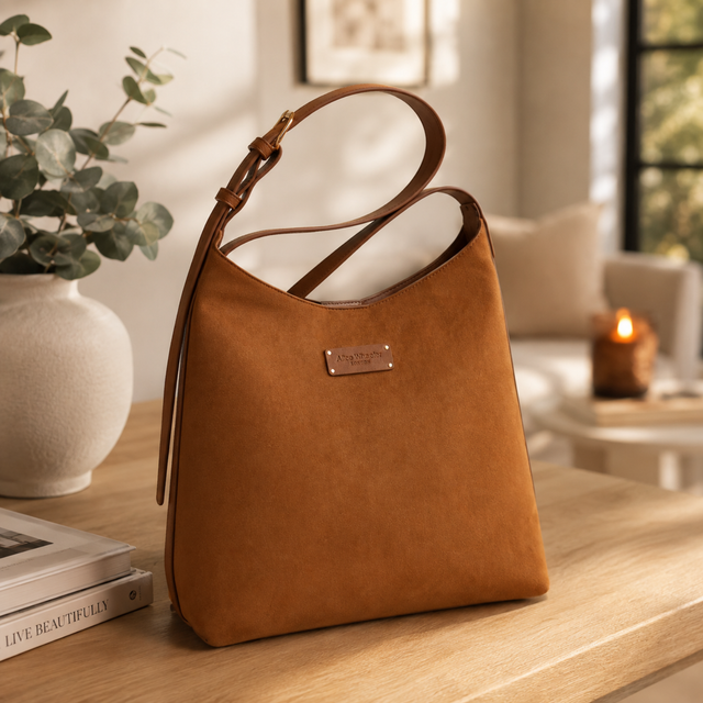Alice Wheeler Fudge Tan Suede Hobo Bag styled for everyday wear
