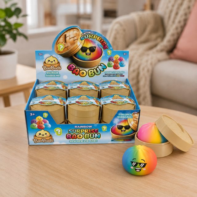 Reusable dumpling storage case with Rainbow Surprise Bao Bun sensory squishy toy
