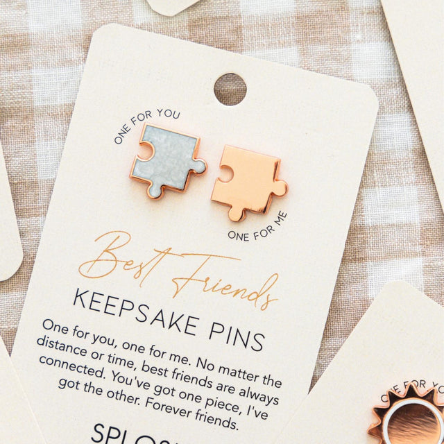 Back of Splosh Best Friends Keepsake Pins showing message and rose gold puzzle pieces