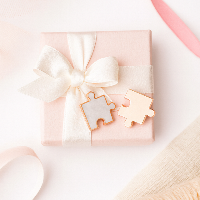Best Friends puzzle piece keepsake pins presented in a gift box with ribbon