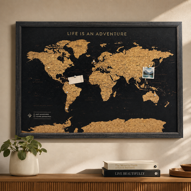 Black cork world map with gold and silver pins and travel mementoes displayed on a wall