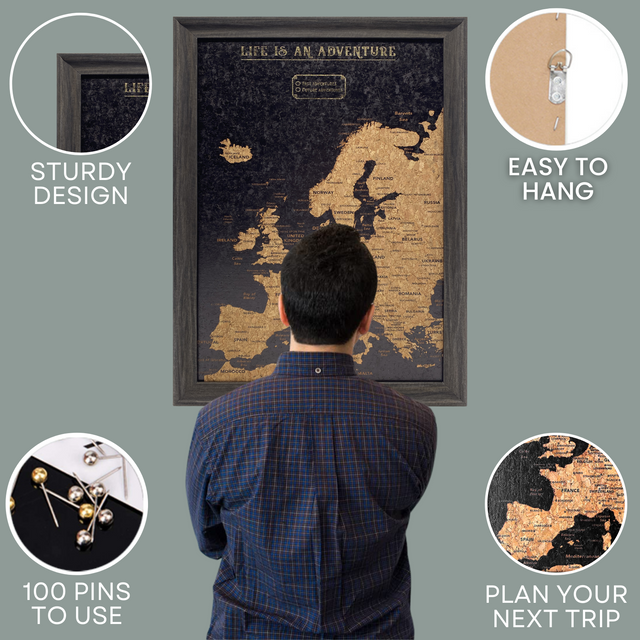 Black Europe travel map push pin cork board wall decor features and benefits