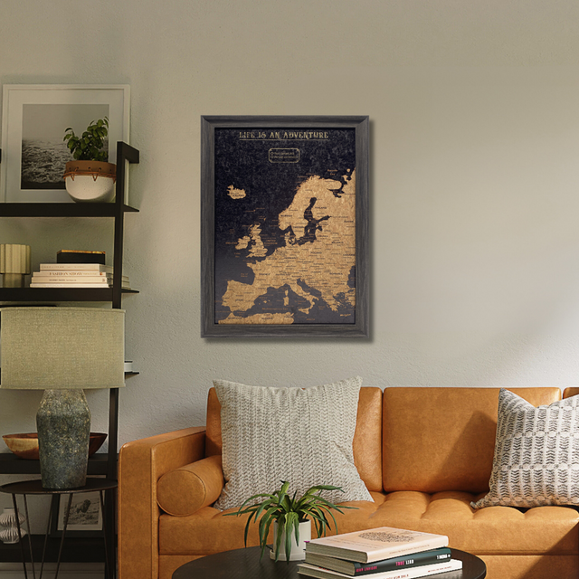 Black Europe travel map push pin cork board wall decor