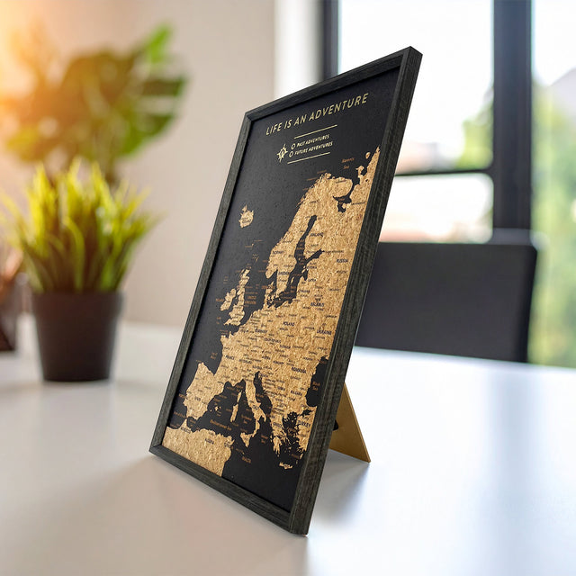 Black Europe travel map push pin cork board with pull-out stand for desk