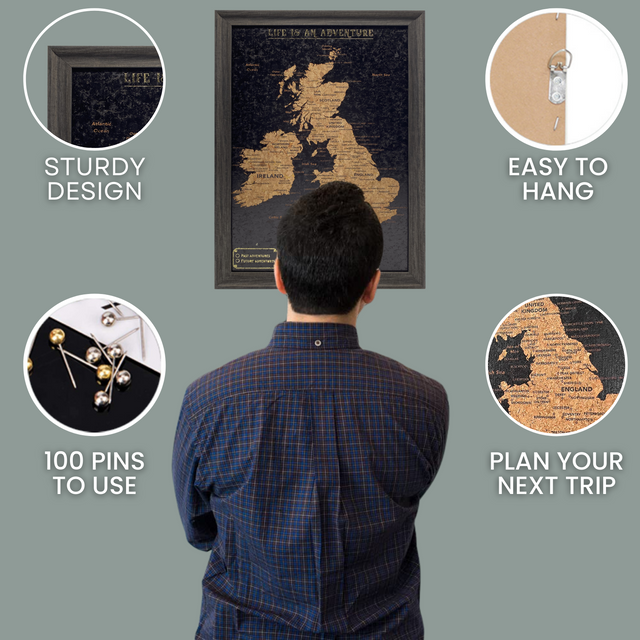 Black UK and Ireland travel map cork board features