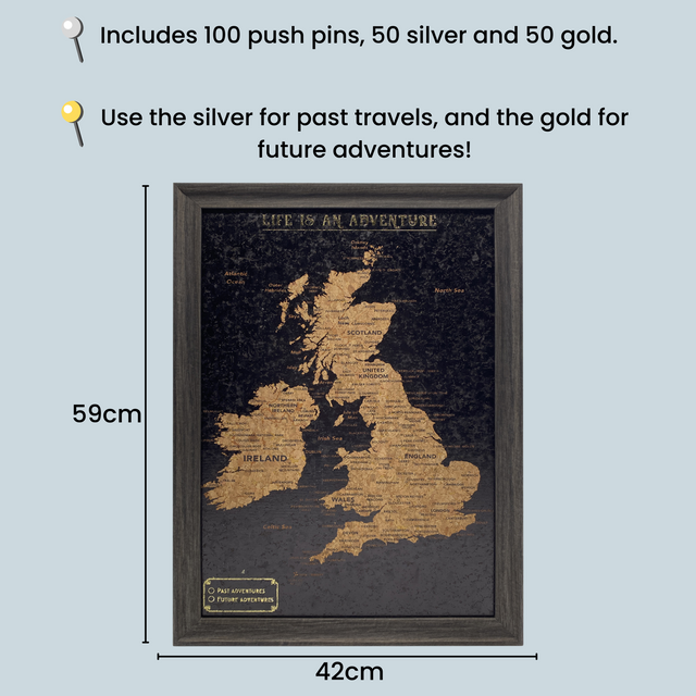 UK and Ireland travel map cork board with metallic pin usage