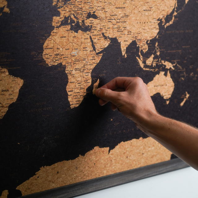 Black world travel map cork board detail with metallic push pins