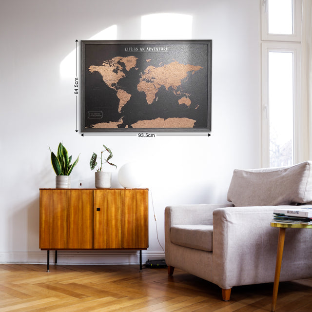 Black world travel map push pin board wall decor dimensions