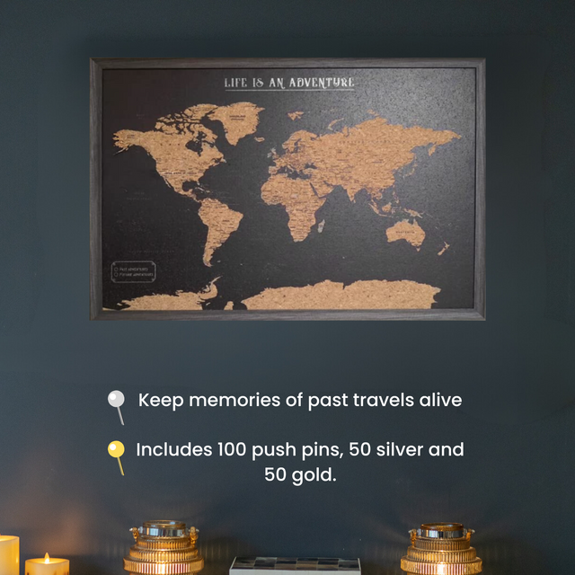 World travel map cork board with gold and silver push pins included