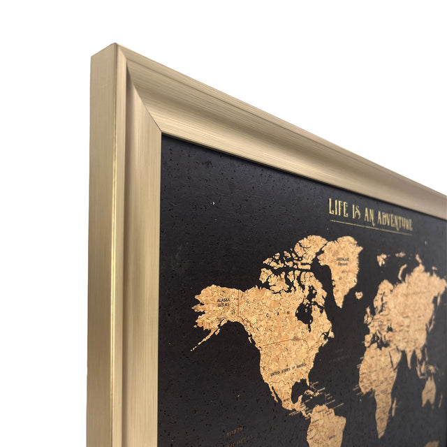 Gold framed Black world travel map cork board wall display