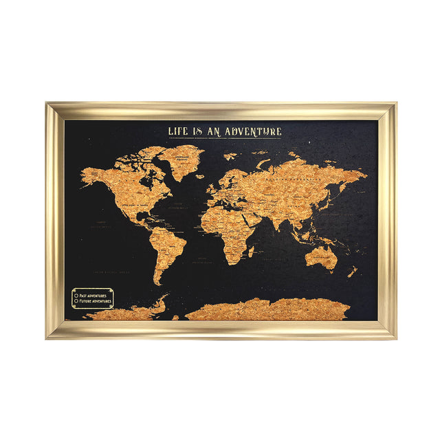Black world travel map cork board with gold frame push pin map by Splosh