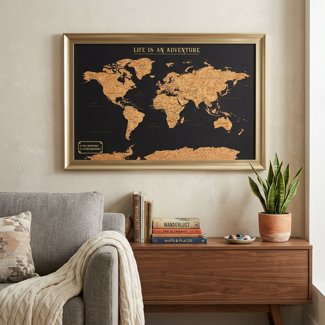 Black world travel map desk cork board with gold frame in a living room interior