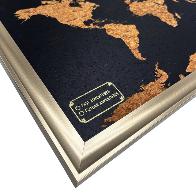 World travel map cork board with metallic push pins map detail