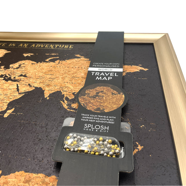 World travel map cork board with metallic push pins included