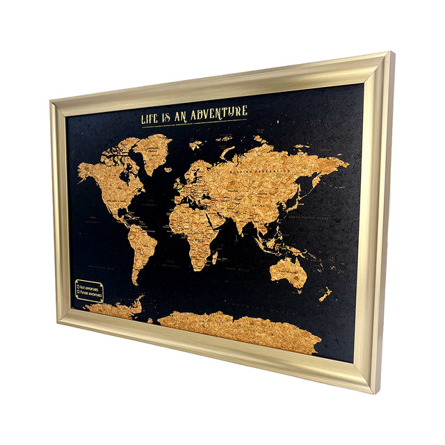 Black world travel map with gold frame wall decor travel pin board