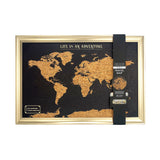 Black world travel map cork board with gold frame and push pins by Splosh for tracking global travel