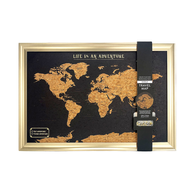 Black world travel map cork board with gold frame and push pins by Splosh for tracking global travel