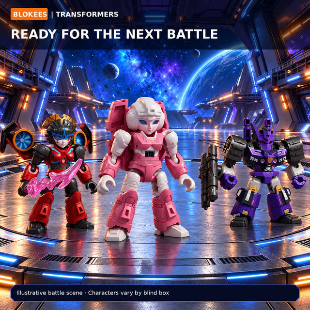 Blokees Transformers Battle Stars figures displayed in a realistic hangar scene
