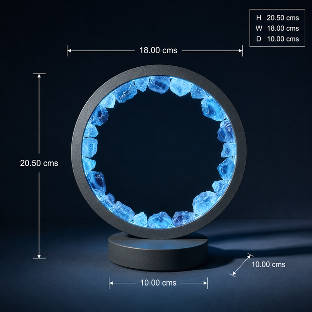 Blue Fluorite crystal LED lamp illuminated inside a contemporary grey circular frame