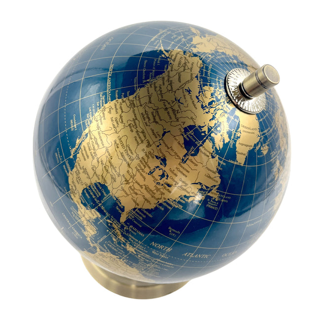 Blue and gold world map globe with gem travel tracker stickers included