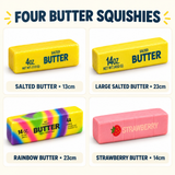 Butter squishy bundle contents: 13cm salted, 23cm salted, 23cm rainbow and 14cm strawberry toys