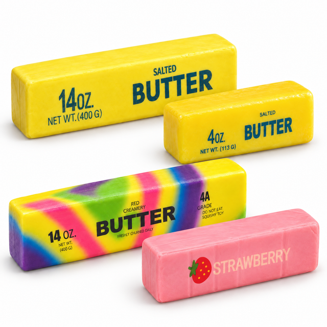 Four butter squishy toys in the bundle: yellow 13cm and 23cm Salted Butter, rainbow 23cm Butter, and pink 14cm Strawberry Butter