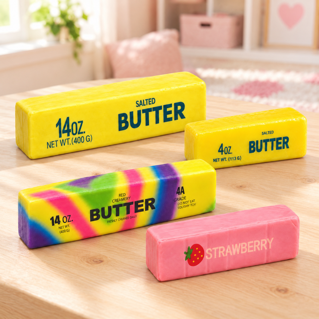 Four butter squishy toys displayed on a pale wooden tabletop, including salted, rainbow and strawberry designs