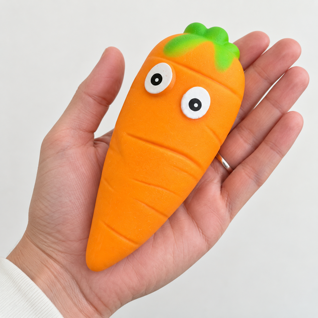 Orange carrot squishy toy shown in an adult hand for scale