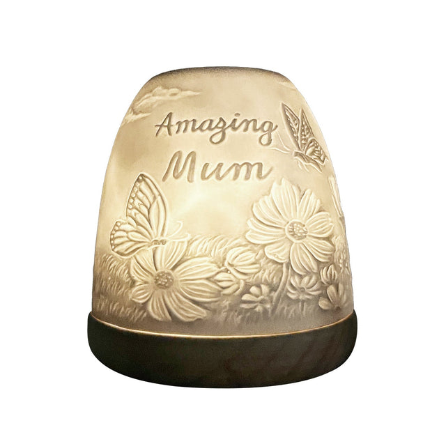 Illuminated floral and butterfly detail on Amazing Mum lithophane dome