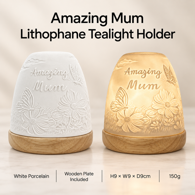 Cello Amazing Mum white porcelain lithophane tealight holder shown lit and unlit