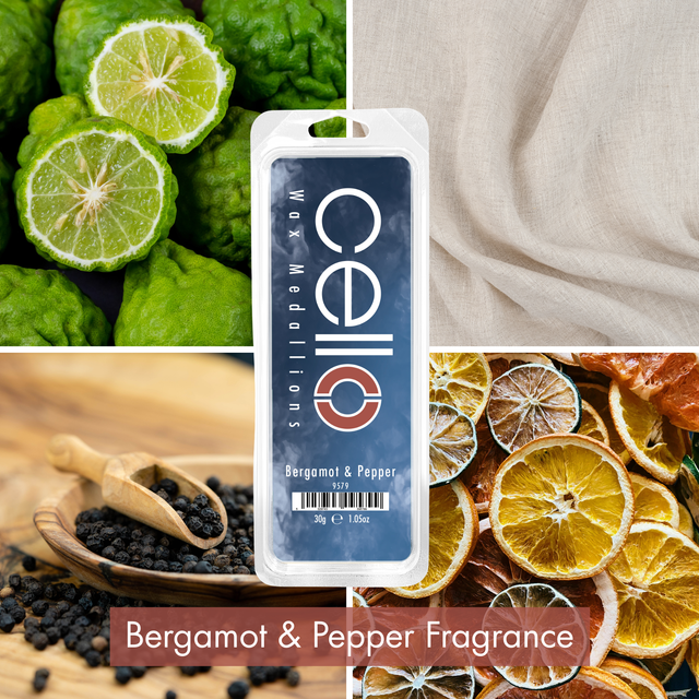 Cello Bergamot and Pepper luxe wax medallions for wax melt burners