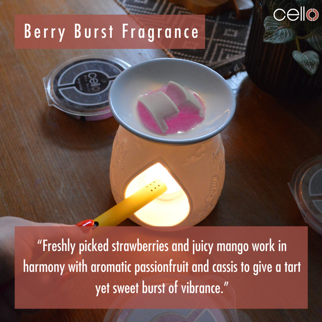 Cello Berry Burst wax melt warming in a ceramic burner