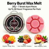 Cello Berry Burst pink wax melt with 28g pack details and fruity fragrance notes