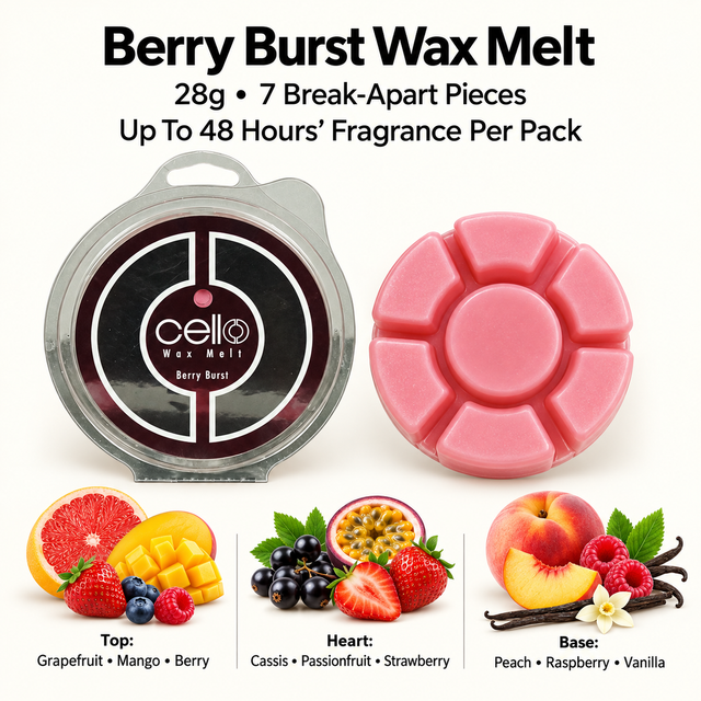 Cello Berry Burst pink wax melt with 28g pack details and fruity fragrance notes