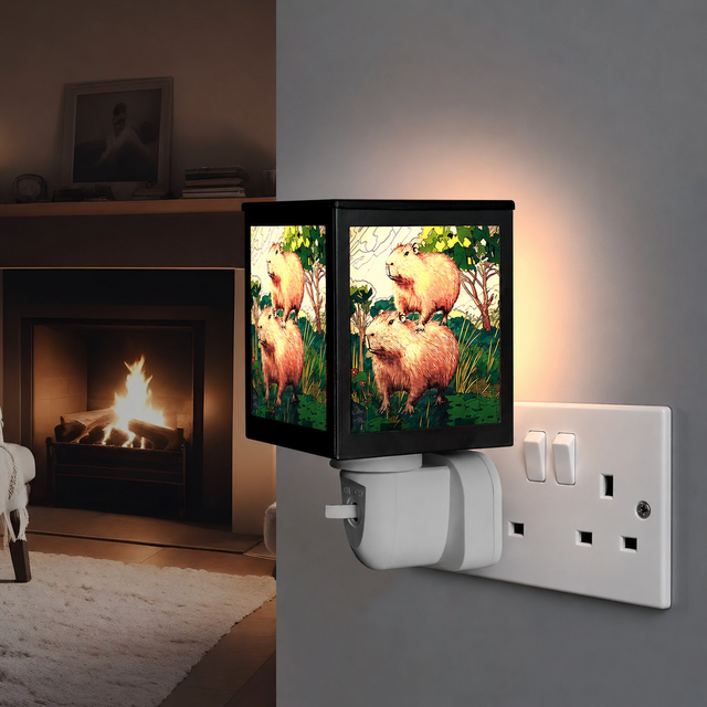 Illuminated Cello Capybara plug-in wax burner in a cosy interior