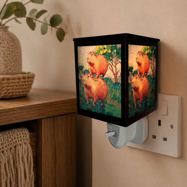 Cello Capybara plug-in wax burner glowing in a cosy home