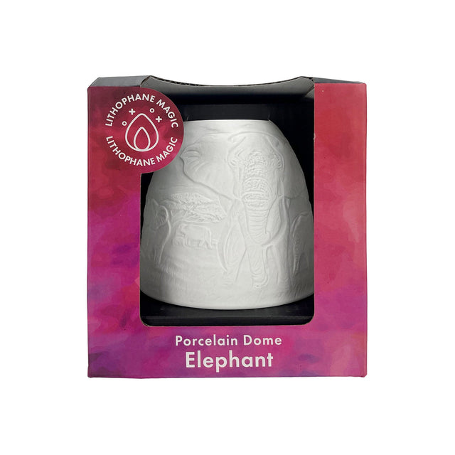 Front view of the boxed Cello elephant tall tealight dome.