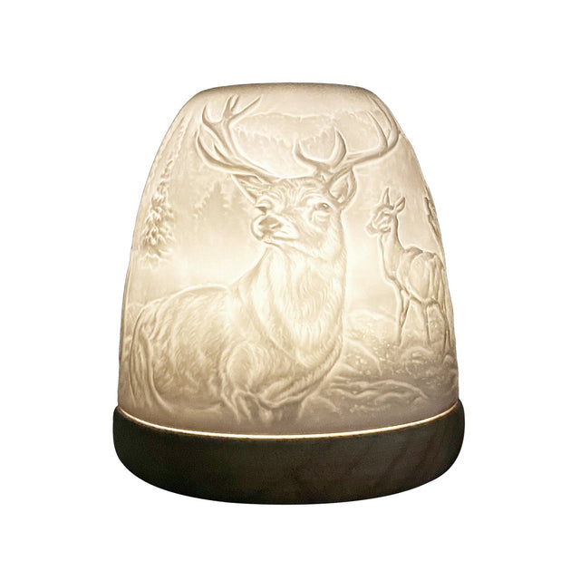 Lit porcelain tealight dome with Highland Stag design