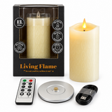 Cello Living Flame 13cm LED pillar candle with packaging, remote, charging base and USB cable