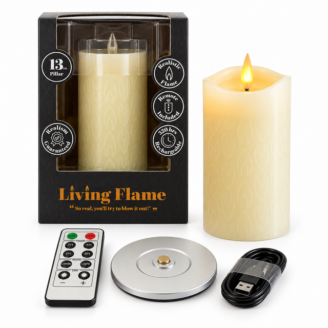 Cello Living Flame 13cm LED pillar candle with packaging, remote, charging base and USB cable