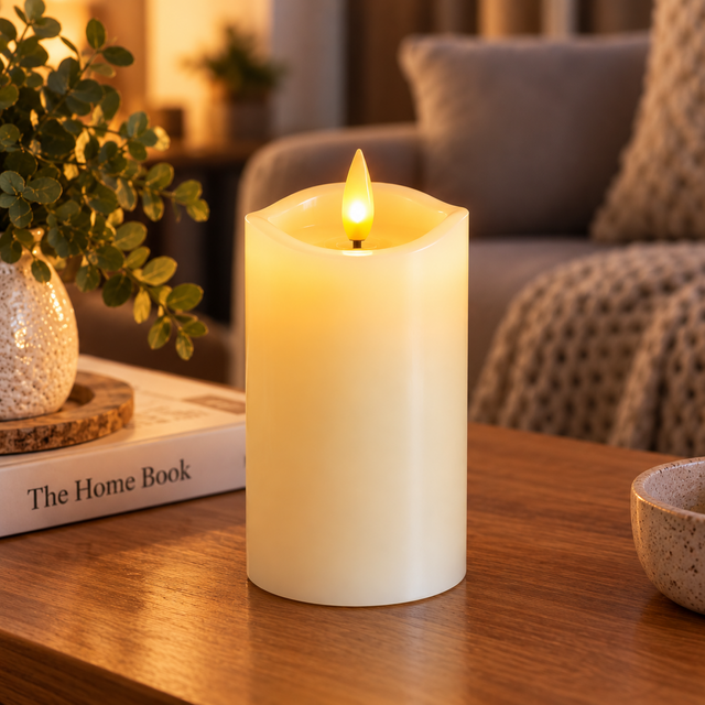Cello Living Flame 13cm LED pillar candle creating a warm glow in a cosy home setting