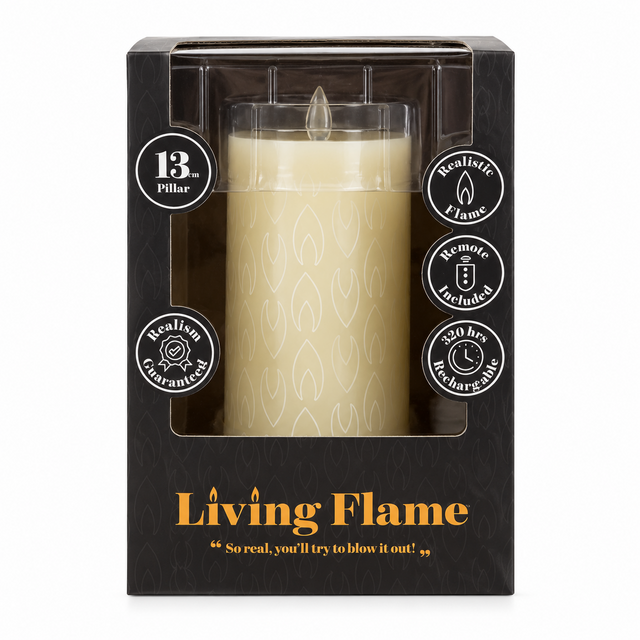 Cello Living Flame 13cm LED pillar candle retail packaging
