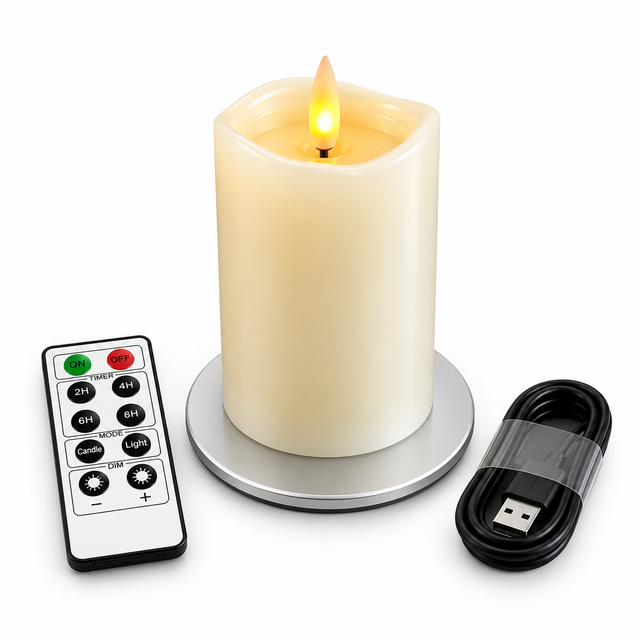 Cello Living Flame 13cm LED pillar candle with remote control, USB charging base and cable