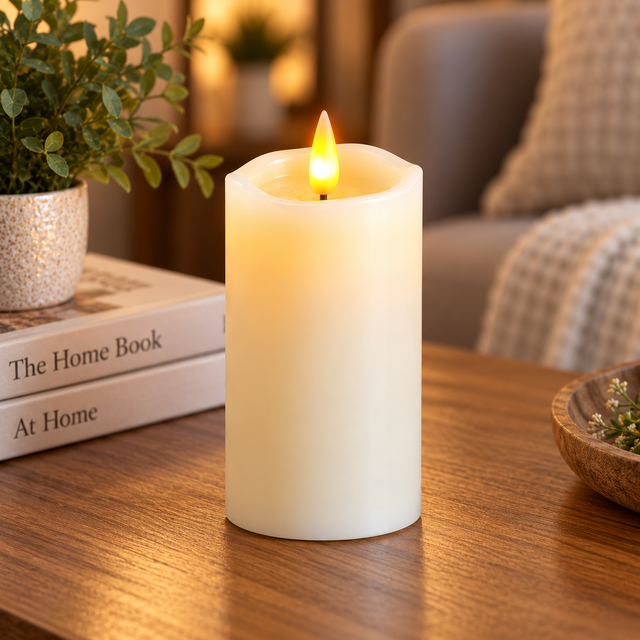 Cello Living Flame 17cm LED pillar candle creating a warm glow in a cosy home setting