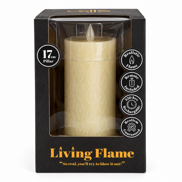 Cello Living Flame 17cm LED pillar candle retail packaging