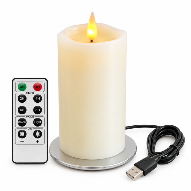 Cello Living Flame 17cm LED pillar candle with remote control, USB charging base and cable