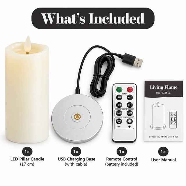 Cello Living Flame 17cm LED pillar candle with USB charging base, cable, remote control and user manual