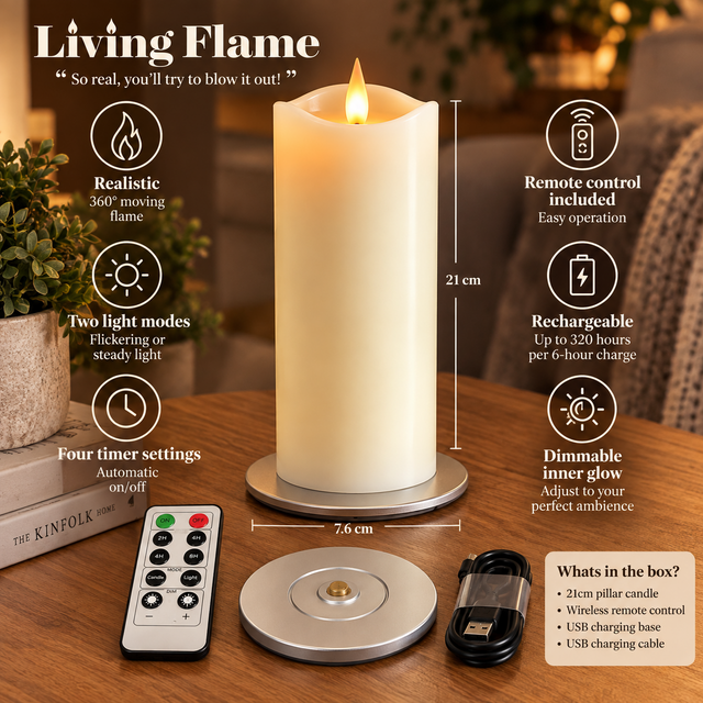 Cello Living Flame 21cm LED pillar candle features, remote control, charging base and cable
