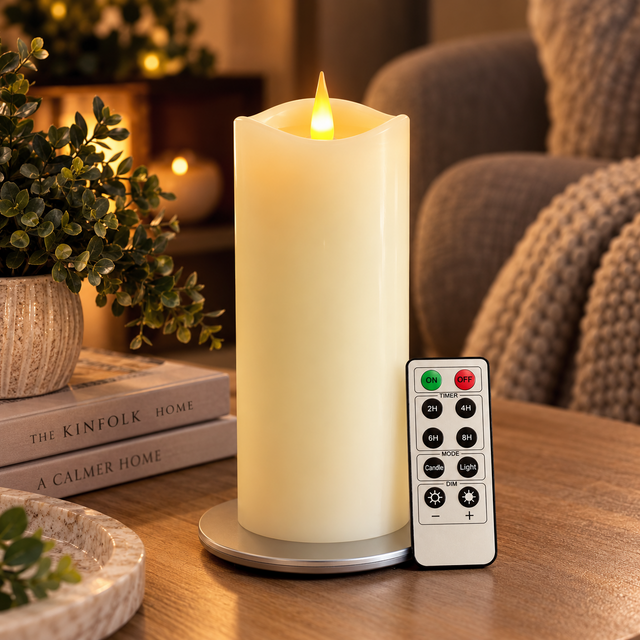 Cello Living Flame 21cm LED pillar candle with remote in a warm home setting
