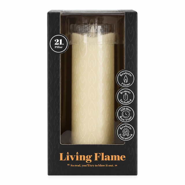 Cello Living Flame 21cm LED pillar candle retail packaging